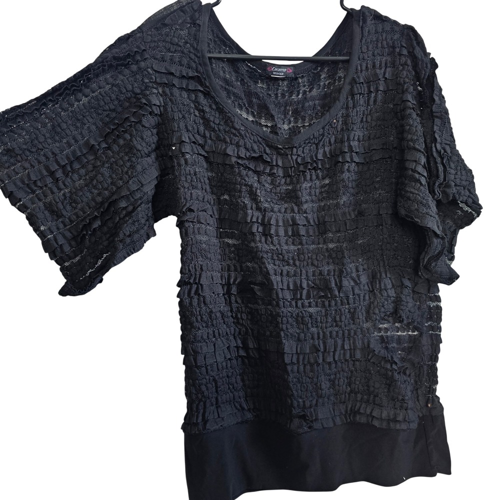 Cocomo Woman Black Ruffle Lace Top Short Sleeve Sheer Goth Blouse Scoop Neck